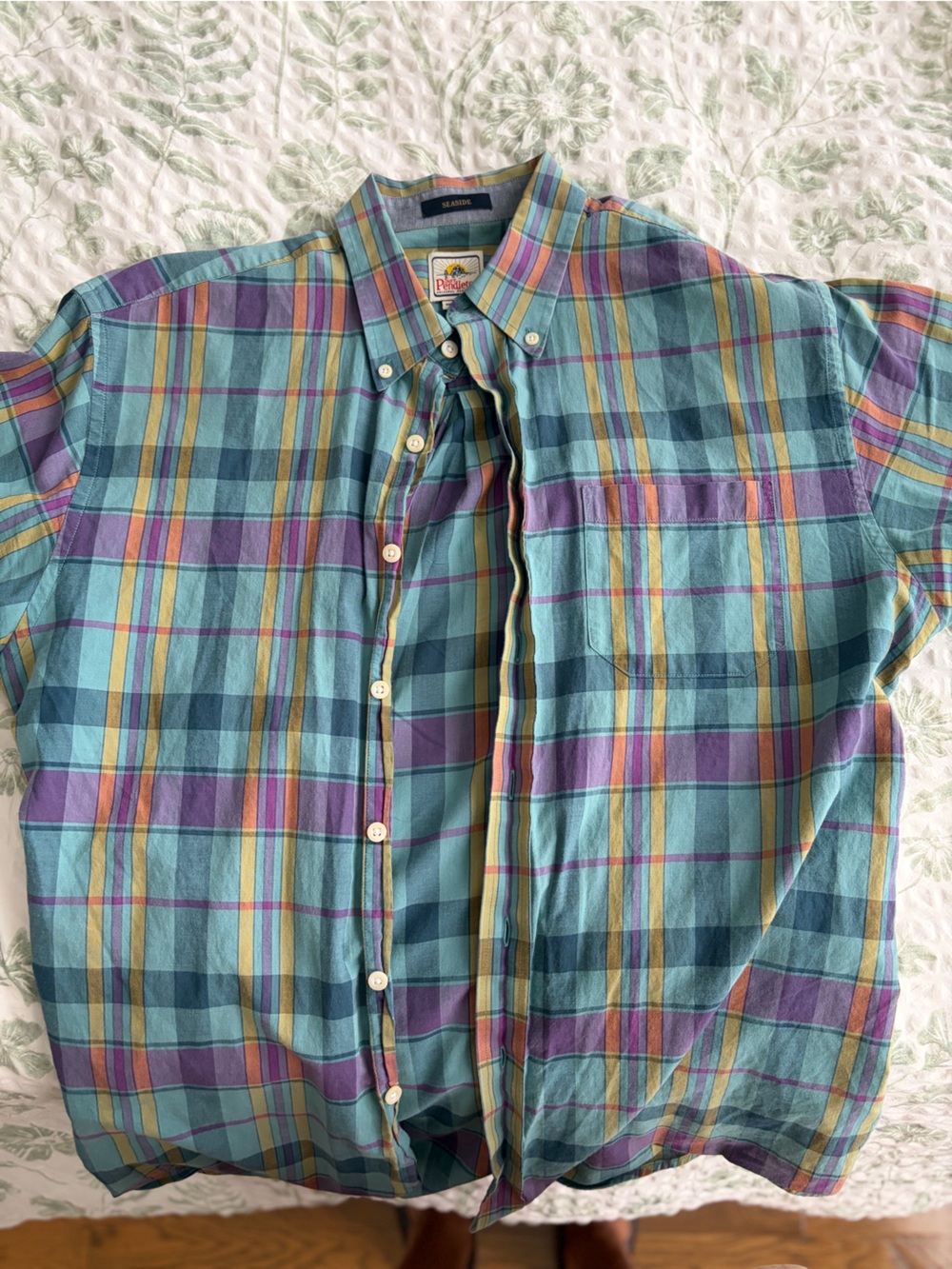 Pendleton Teal Plaid Button-Down Shirt with Purple and Yellow Stripes